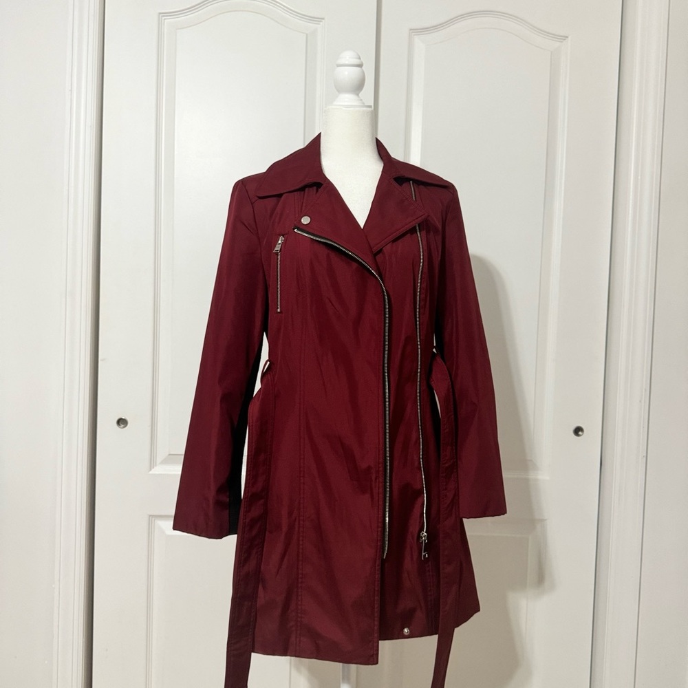 Calvin Klein Cherry Red Trench Coat with Belted Waist - Picture 4 of 10